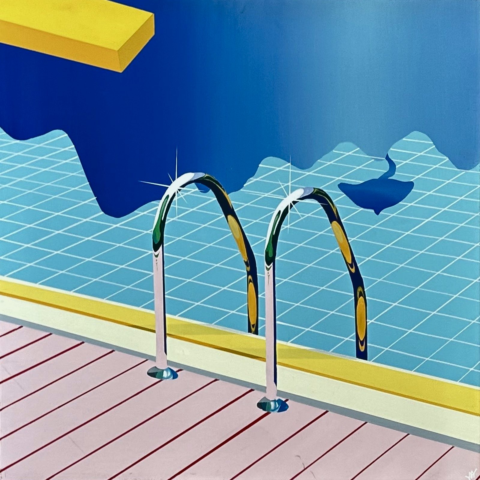 A chrome pool ladder over cyan tiles, a pink deck and a yellow diving board