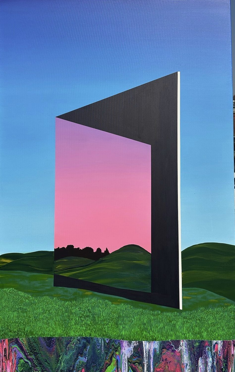 A dark angular portal opening onto a pink sunset above green hills, a poured band along the bottom