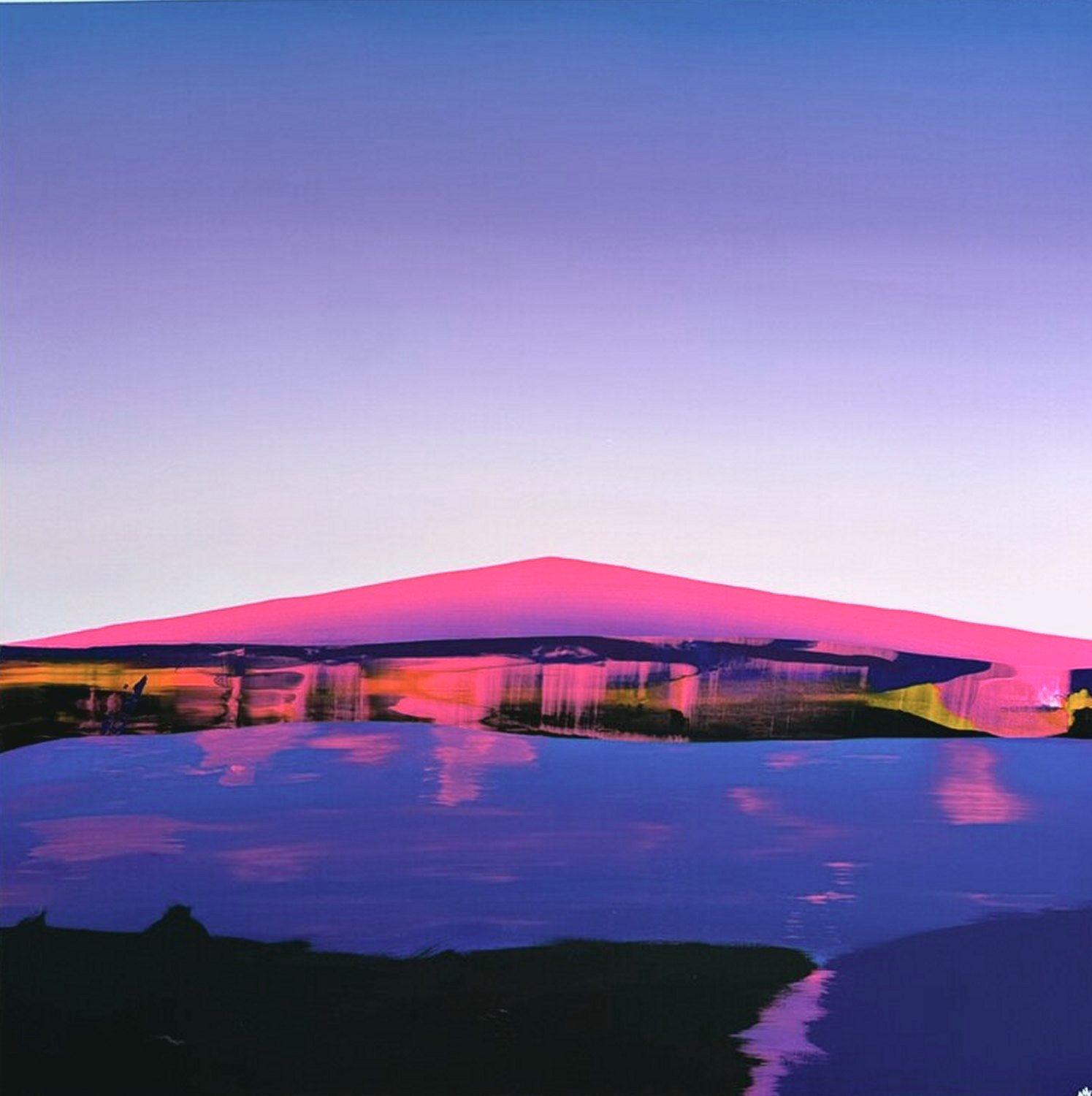 A magenta peak over a blue lake with pink reflections, a dark shore and a violet channel of light