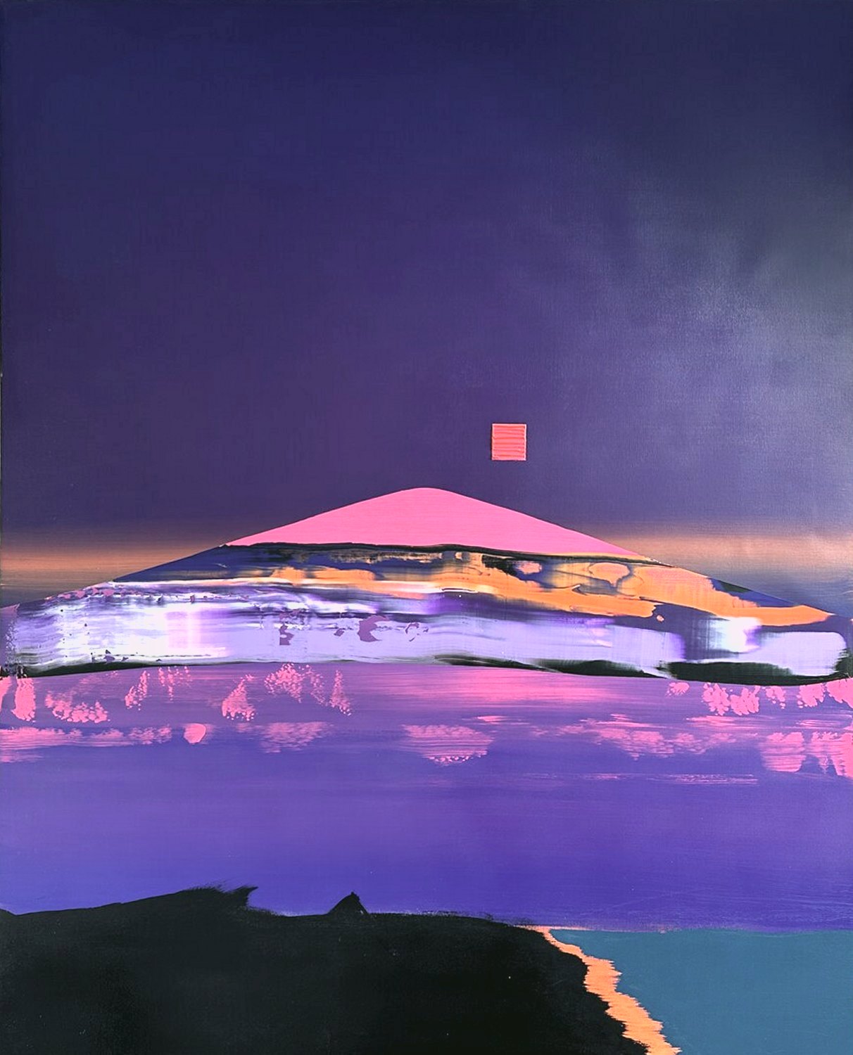 A magenta peak under a violet night sky, a dragged band of paint across the middle and a dark shore below