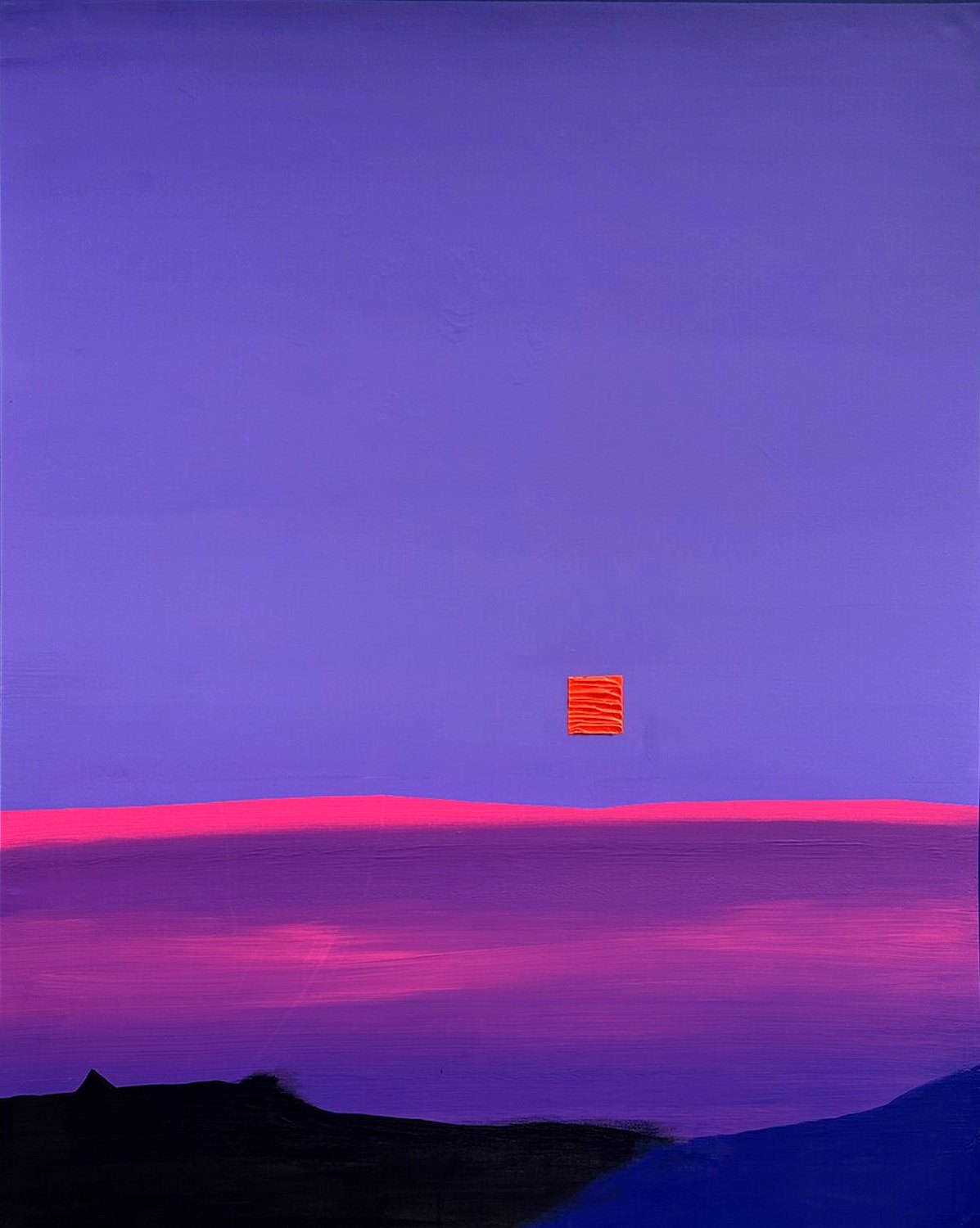 A small red square above a pink horizon line in a violet sky