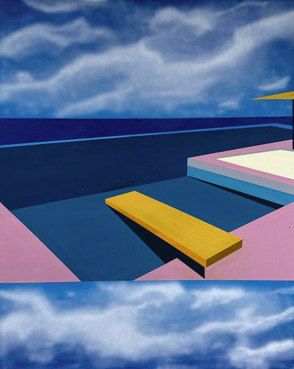 A yellow board over a deep blue pool, clouds above and reflected below