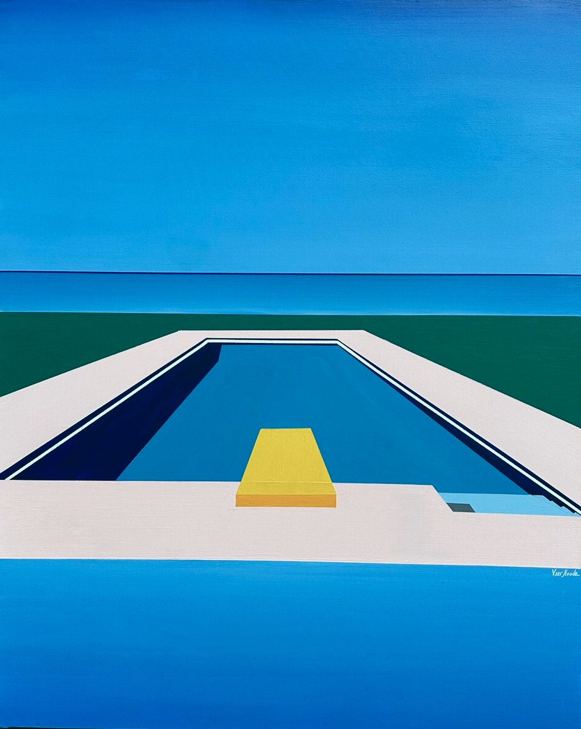 A long pool running out to a green lawn and sea, yellow board in the foreground