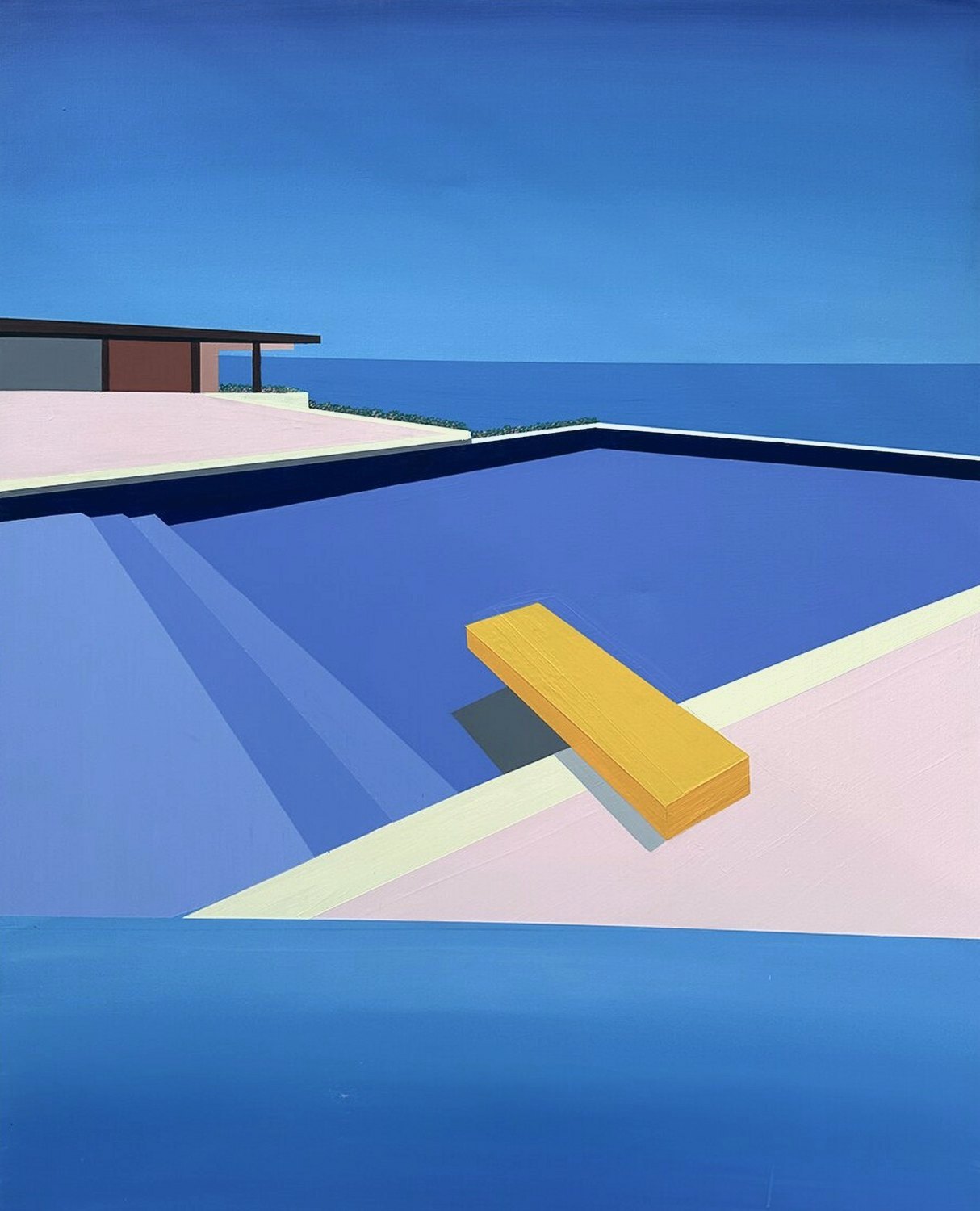 A modernist house above a violet-blue pool, a yellow board angled across a pale deck