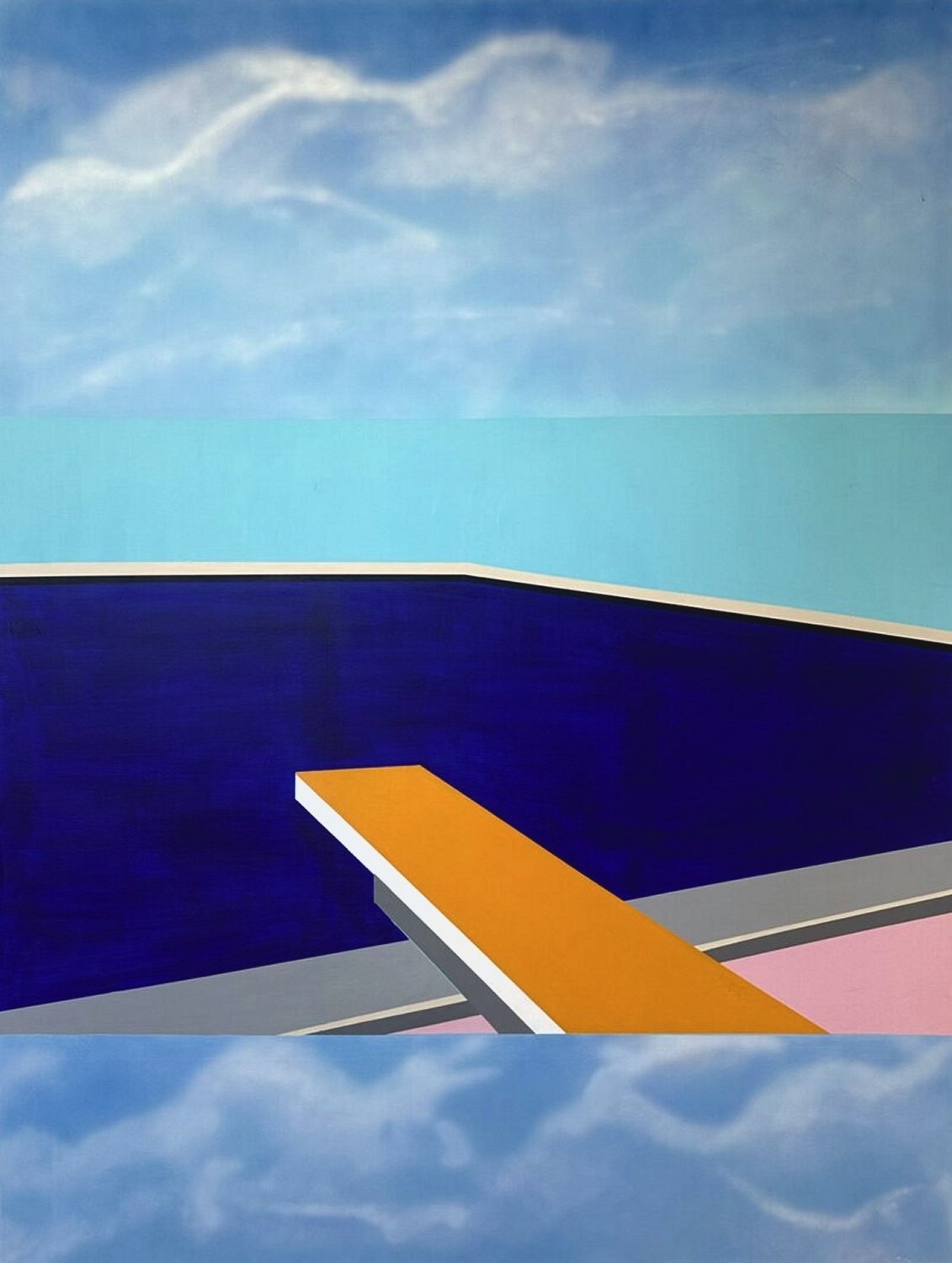 An orange diving board over a dark blue pool with clouds reflected at the bottom
