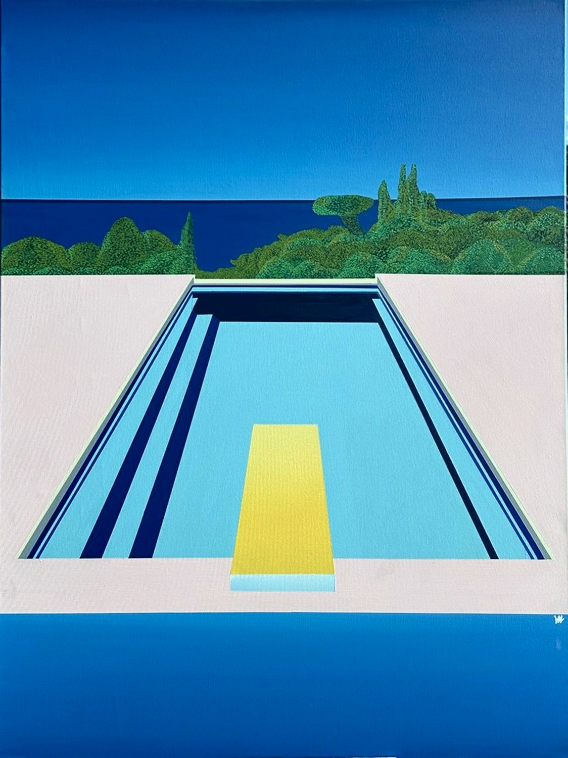 A pool seen head-on: yellow diving board, pink deck, clipped green garden and a dark blue sea