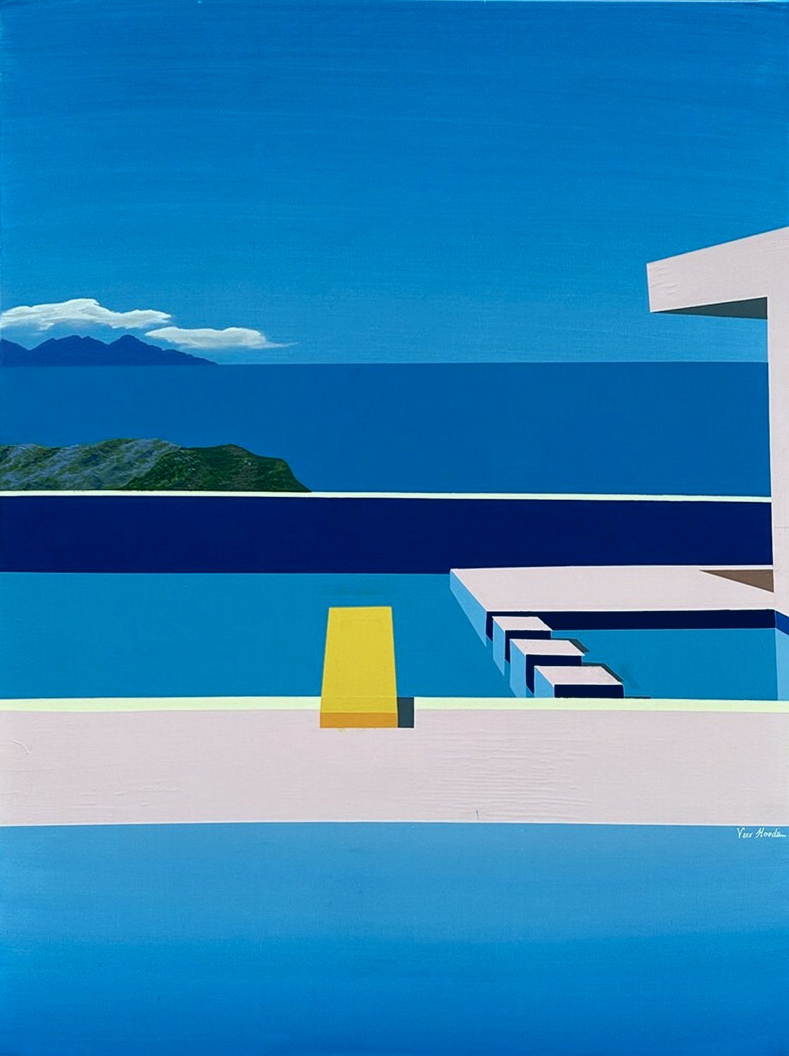 Pool steps and a yellow block against the sea, a pink modernist canopy at the side