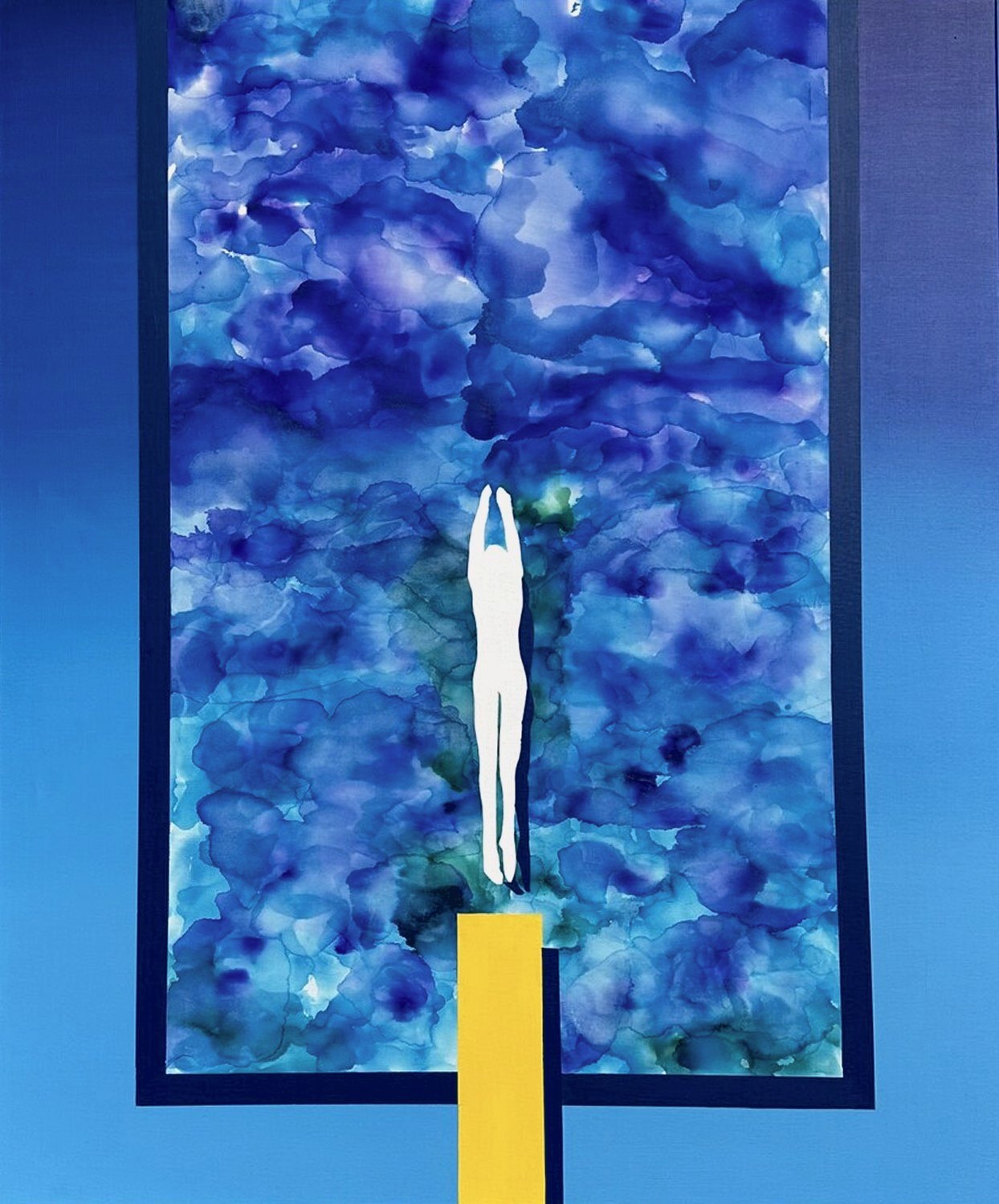 A lone swimmer seen from above in rippling blue-violet water, a yellow board at the bottom
