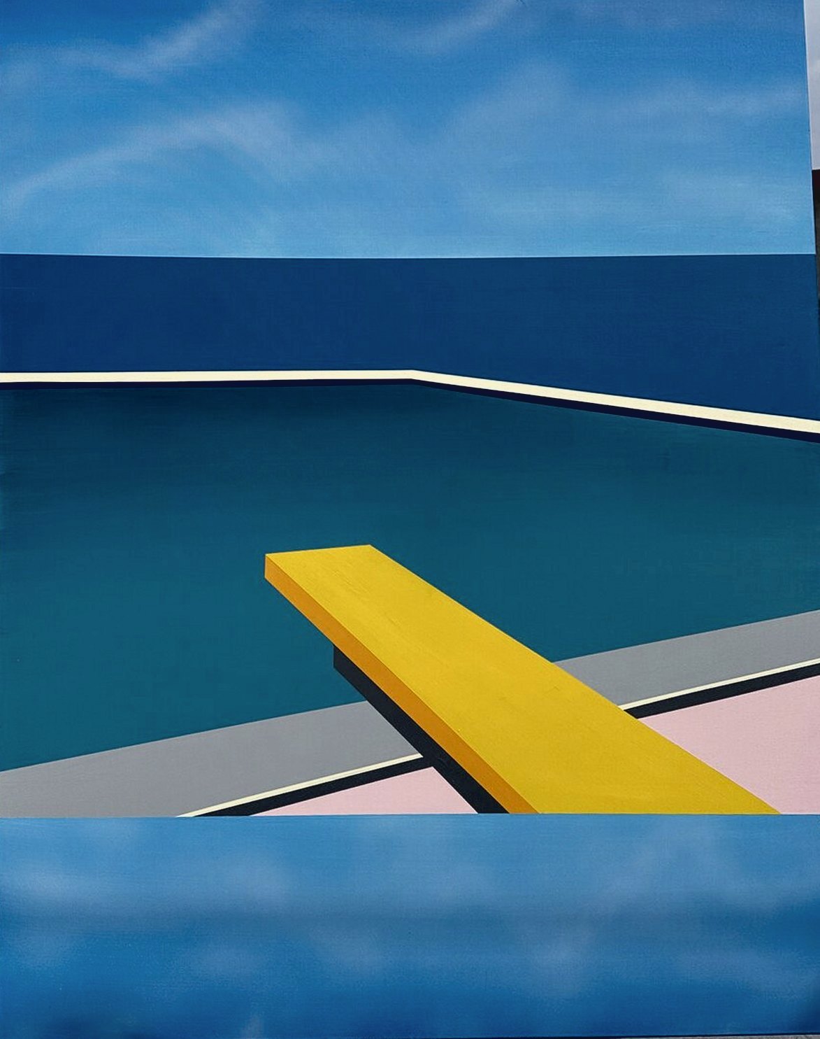 A yellow diving board jutting over a teal pool edge, with sky and sea beyond