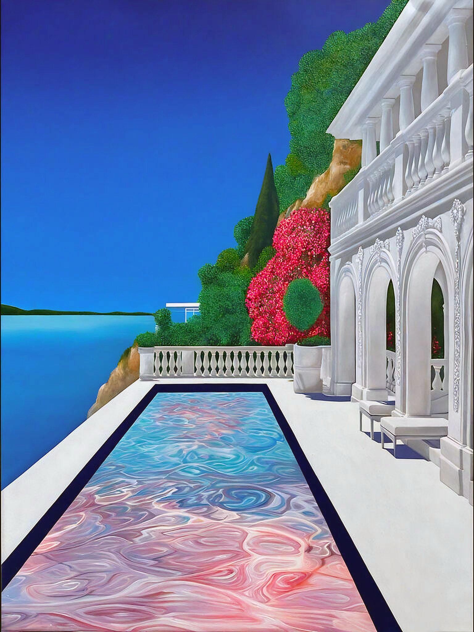 A marbled pink-and-blue pool on a white villa terrace above the sea