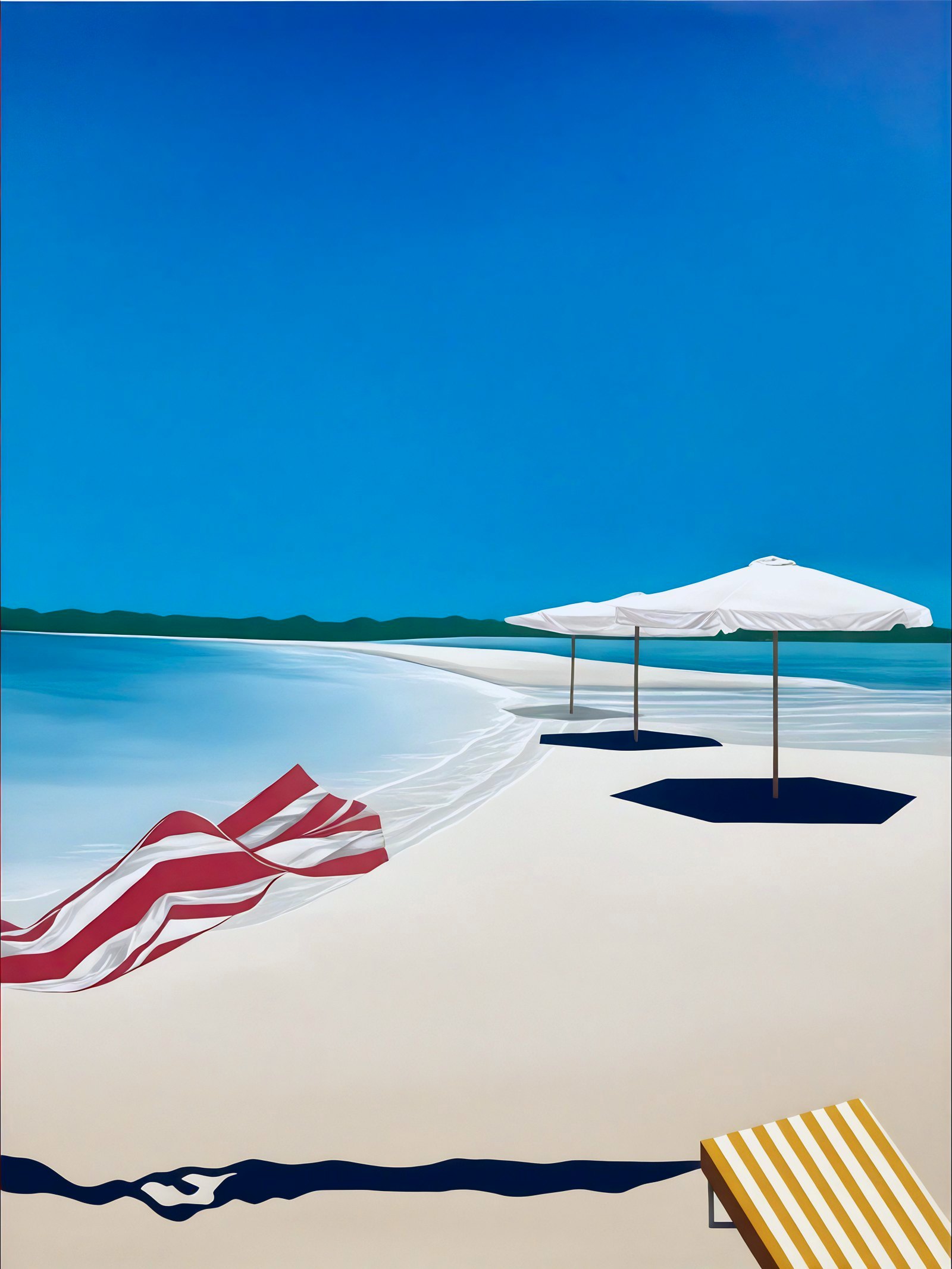 White parasols on a pale beach, a red-and-white striped towel and a yellow striped deckchair