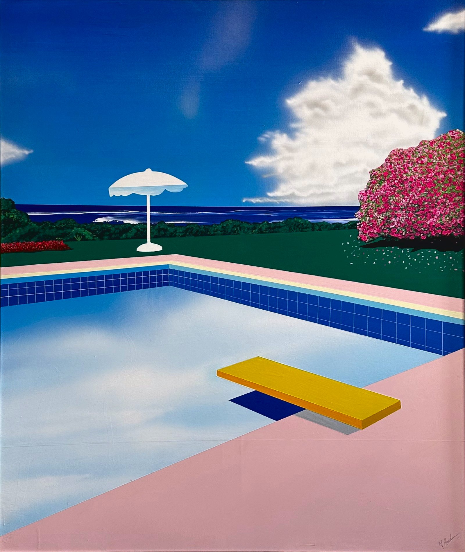 A yellow diving board over a pool reflecting clouds, pink deck, white umbrella, sea horizon